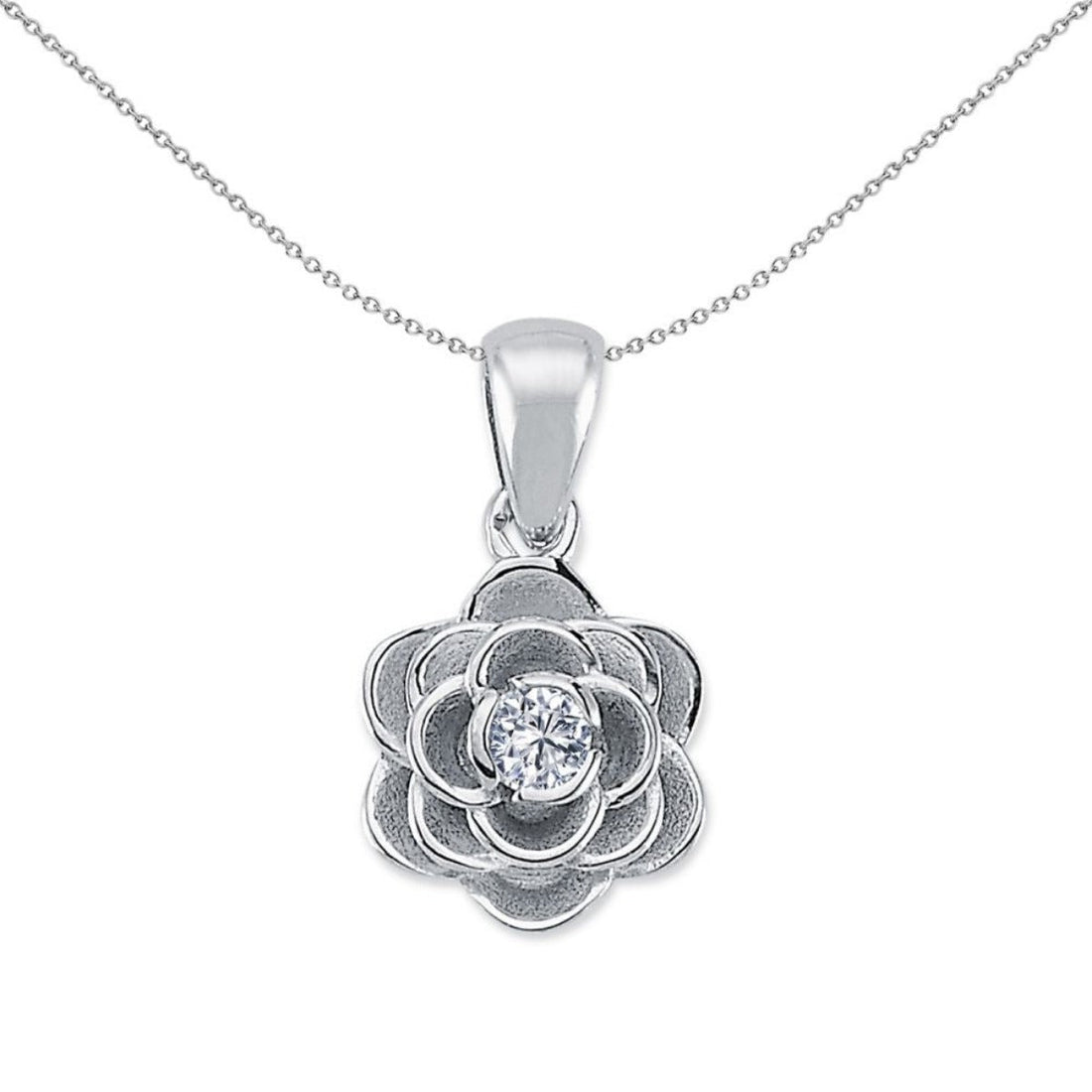 Cubic Zirconia Flower Rub Over Stud Pendant in Rhodium Plated Silver