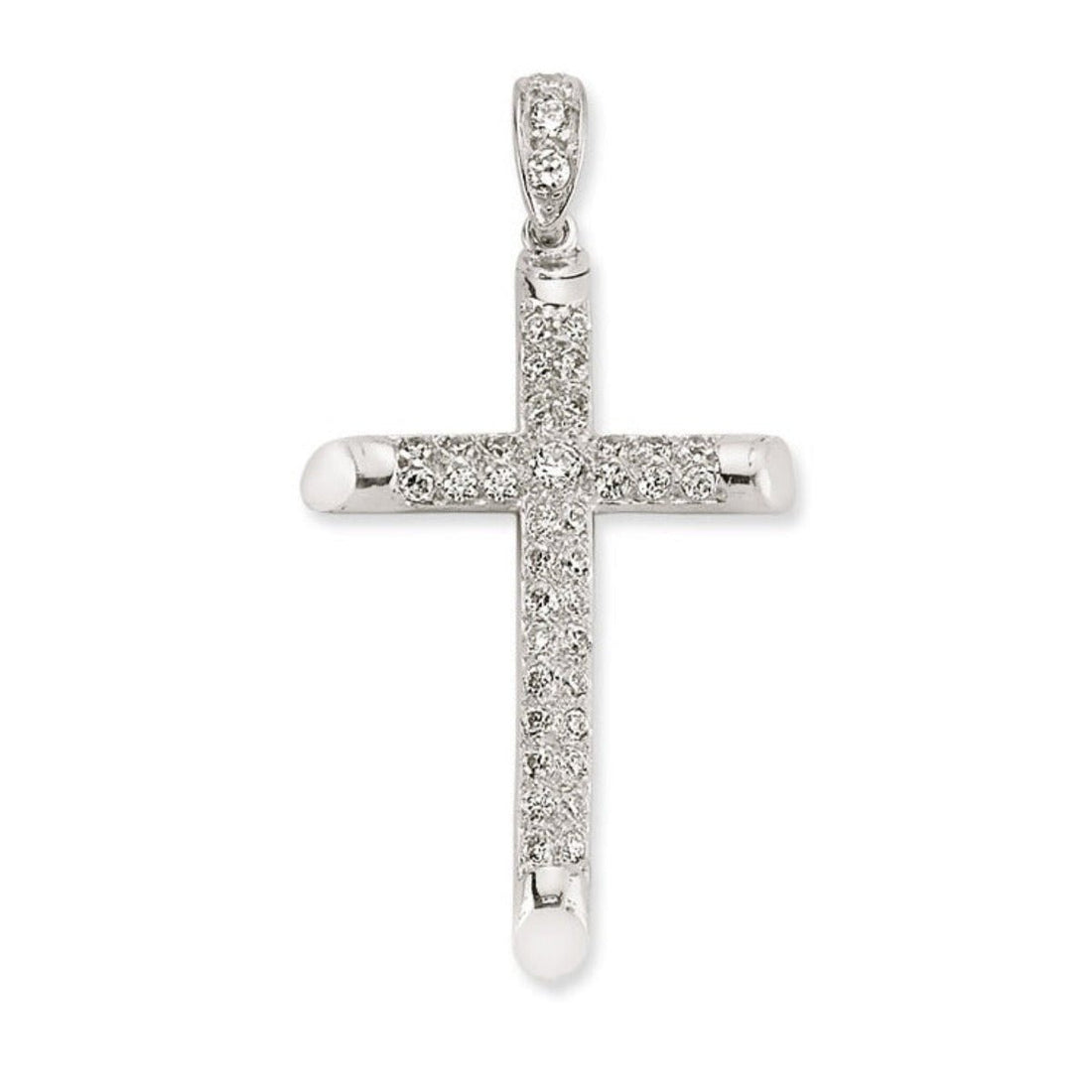 Cubic Zirconia Modern Cross Pendant Pave Set in Rhodium Plated Silver 50mm
