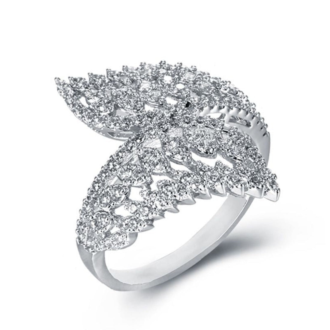 Cubic Zirconia Pave Set Feather Twist Ring in Rhodium plated Silver