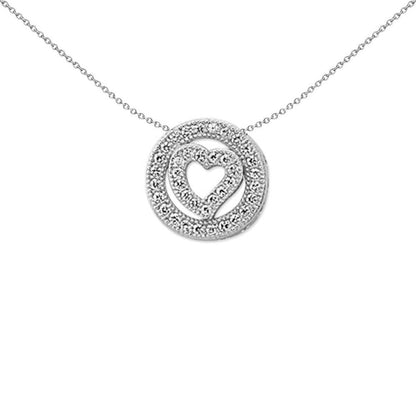 Cubic Zirconia Pave Set Heart Shape Halo Pendant in Rhodium Plated Silver