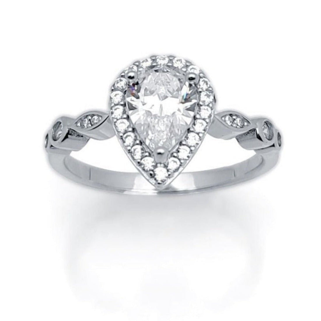 Cubic Zirconia Pear Halo &amp; Side Stone Ring in Rhodium Plated Silver