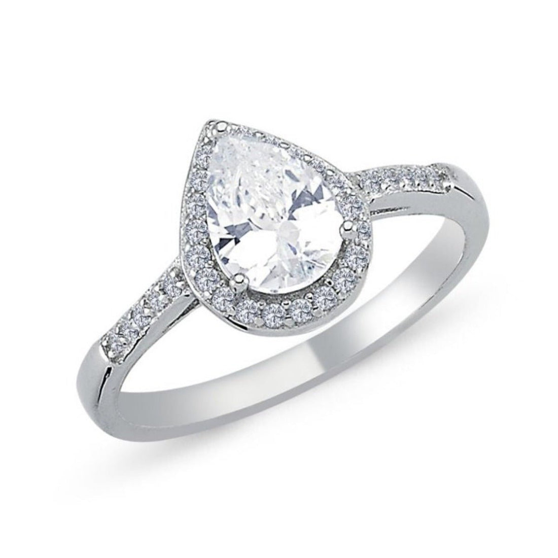 Cubic Zirconia Pear Shape Halo Engagement Ring in Rhodium Plated Silver