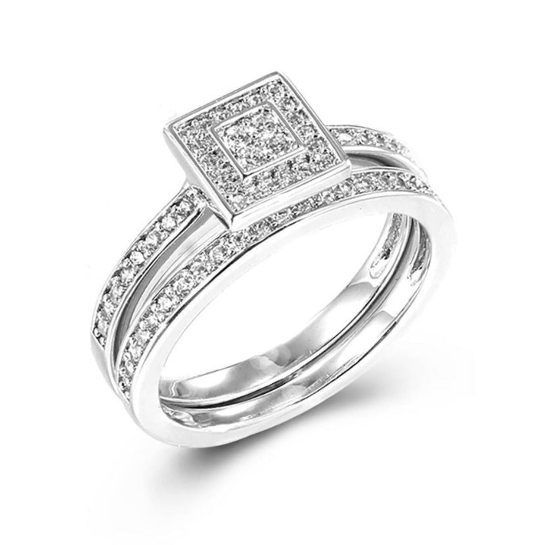 Cubic Zirconia Square Halo Engagement Ring Set in Rhodium Plated Silver