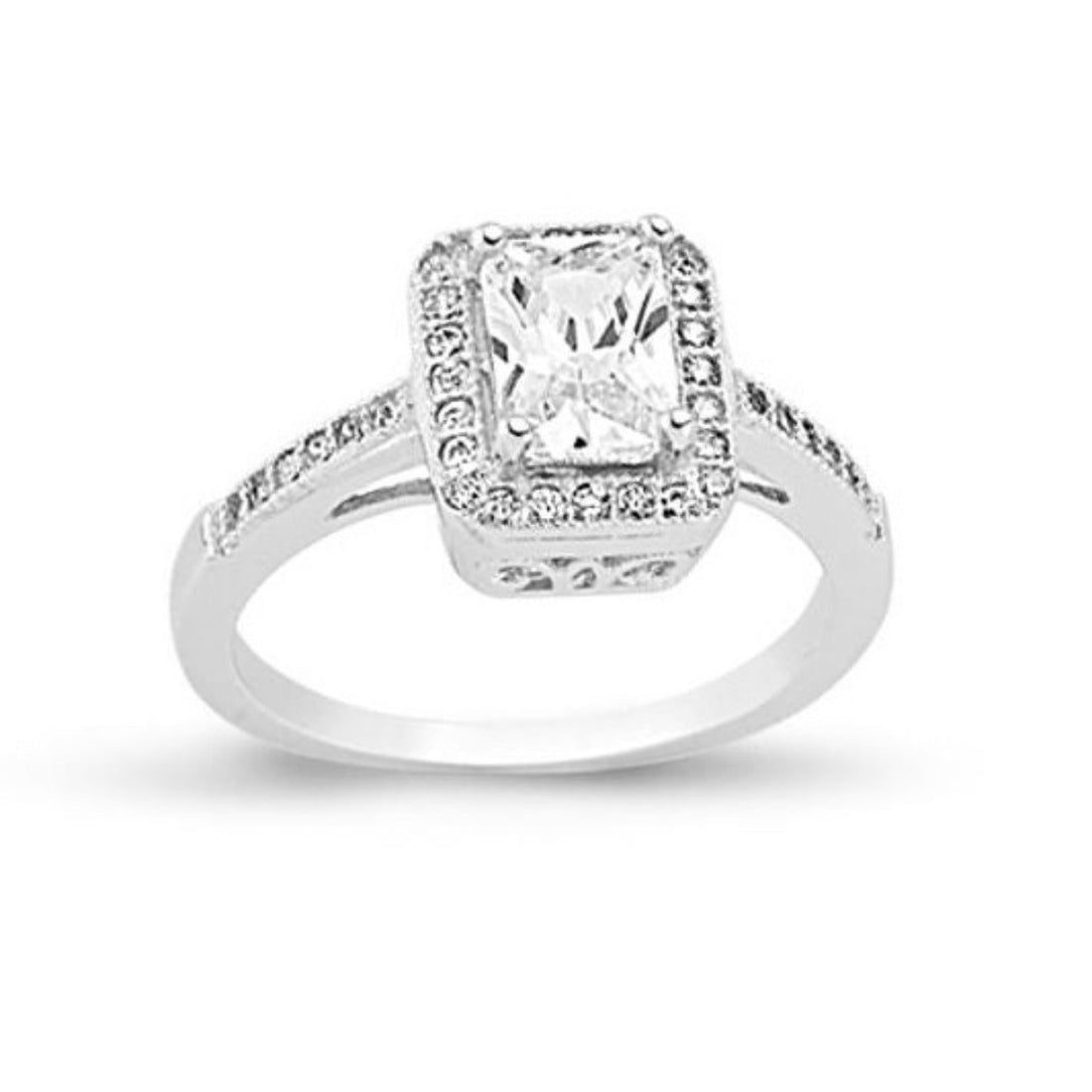 Emerald Cut Cubic Zirconia Halo Engagement Ring in Rhodium Plated Silver