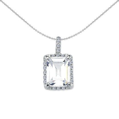 Emerald Cut Cubic Zirconia Halo Pendant in Rhodium Plated Silver