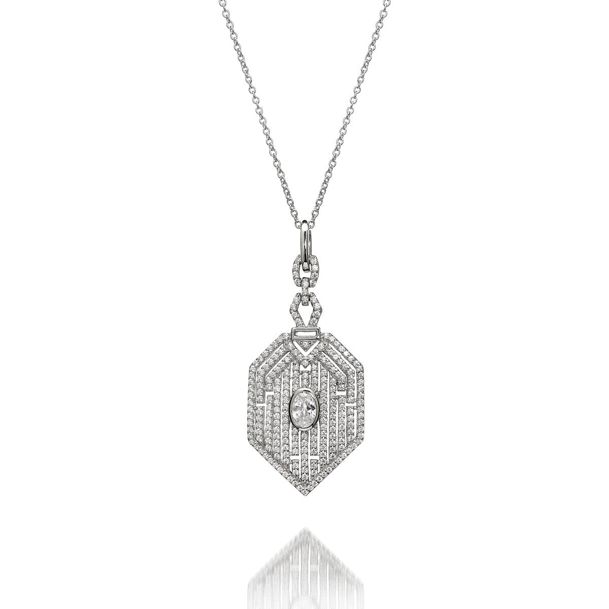 Hexagonal Art Deco Pendant 2.90ct Cubic Zirconia in Rhodium Plated Silver