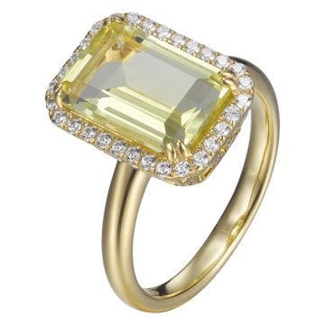 Lemon Citrine 3.25ct &amp; Cubic Zirconia 0.90ct Halo Ring in 14k Yellow Gold Plated Silver
