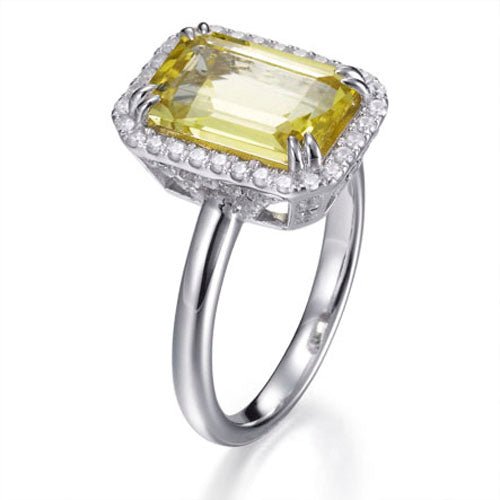 Lemon Citrine 3.25ct &amp; Cubic Zirconia 0.90ct Halo Ring in Rhodium Plated Silver