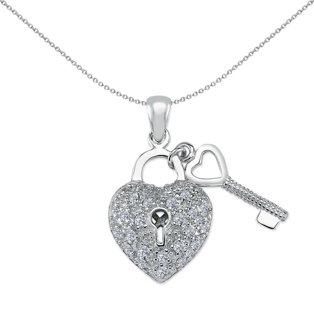 Micro Set Cubic Zirconia Heart Pendant and Key in Rhodium Plated Silver