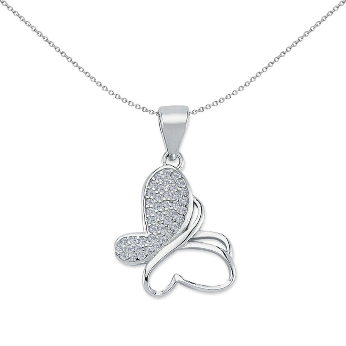 Pave Set Cubic Zirconia Butterfly Pendant in Rhodium Plated Silver