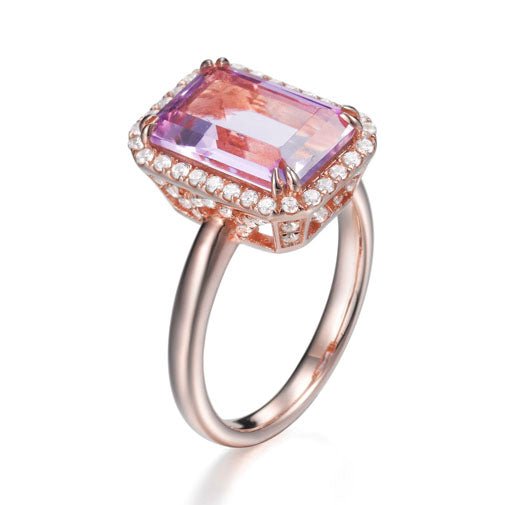 Rose Amethyst 3.60ct &amp; Cubic Zirconia 0.90ct Halo Ring in 14k Rose Gold Plated Silver