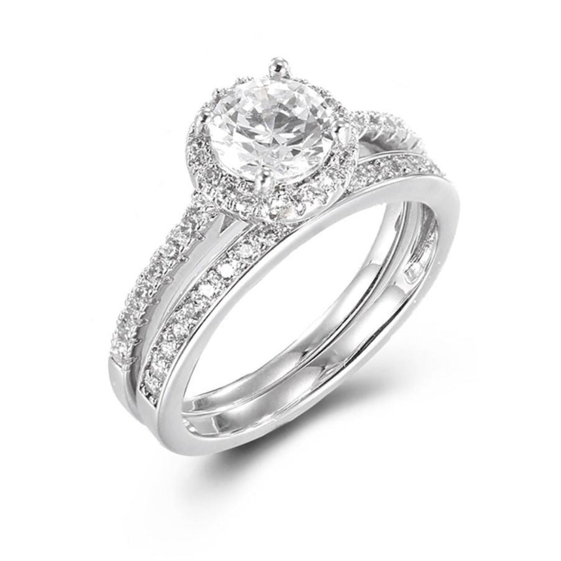 Round Halo Cubic Zirconia Engagement Ring &amp; Band Set in Rhodium Plated Silver