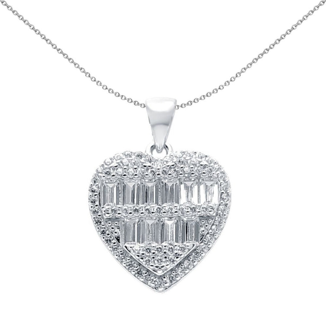 Sterling Silver Round &amp; Baguette Cubic Zirconia Love Heart Pendant