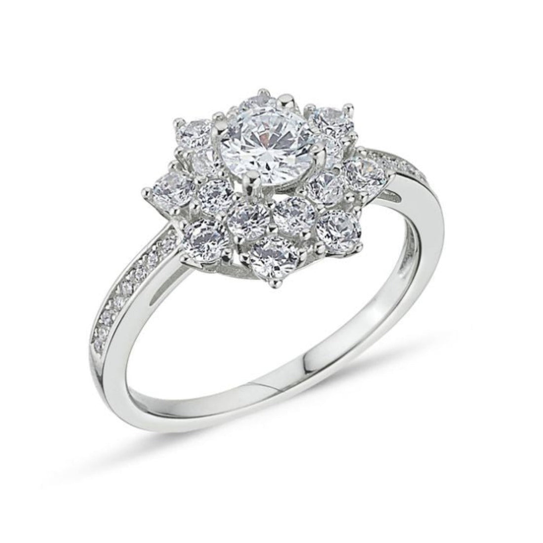 Three Tier Cubic Zirconia Cluster Engagement Ring in Rhodium Plated Silver
